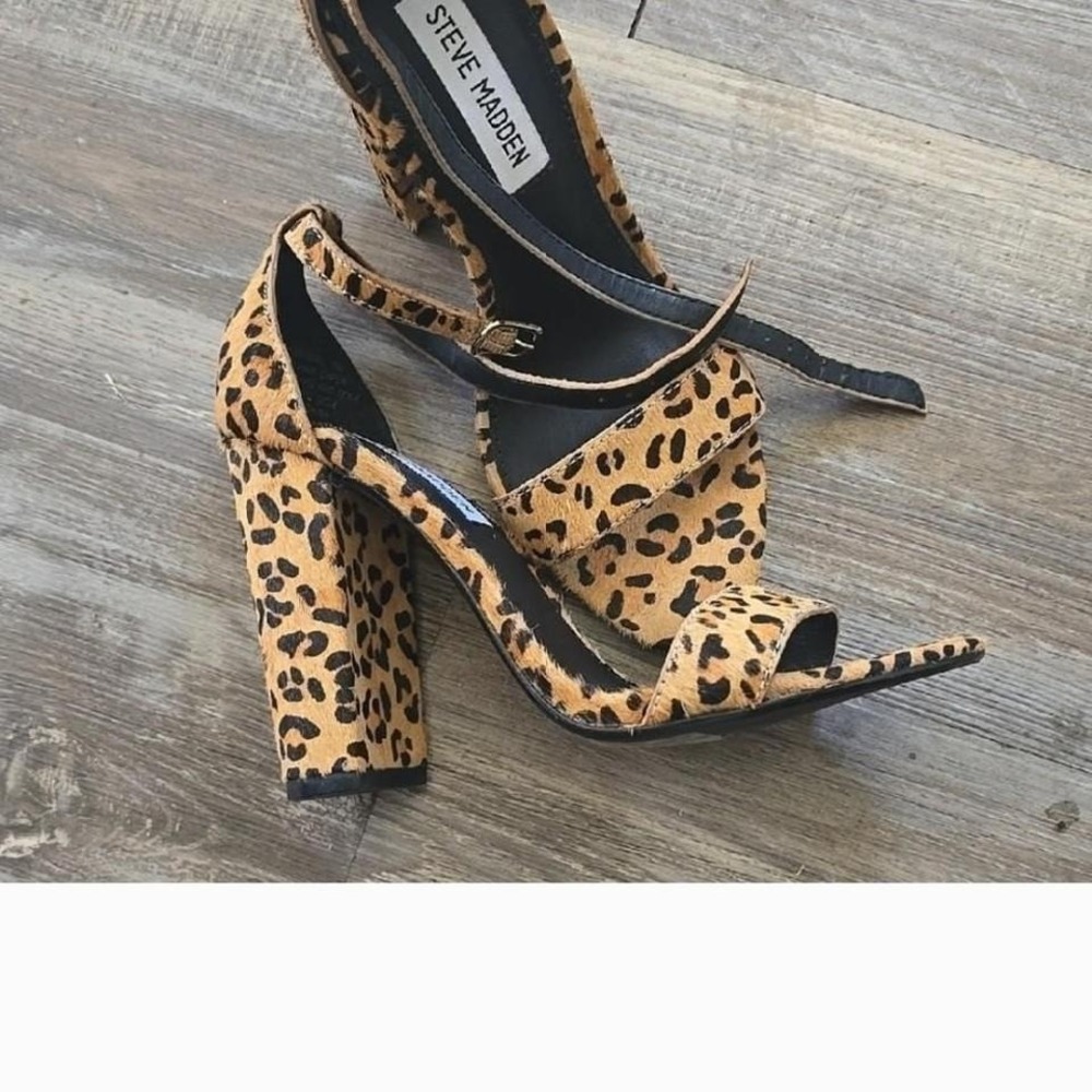 Steve‎ Madden Leopard Print Calf Hair Block Heel Sandals Ankle Strap Womens 7